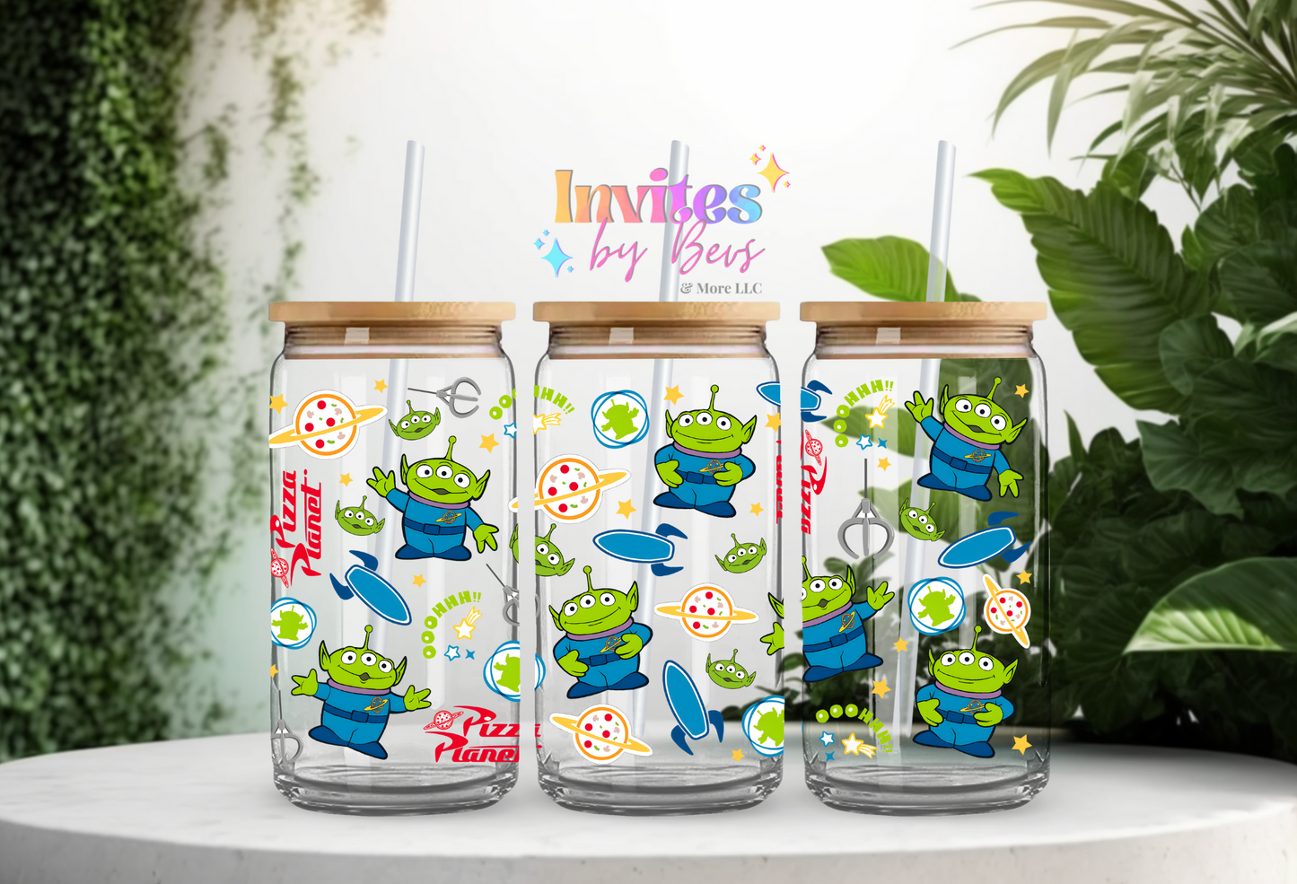 GREEN ALIENS PIZZA PLANET UV DTF CUP WRAP