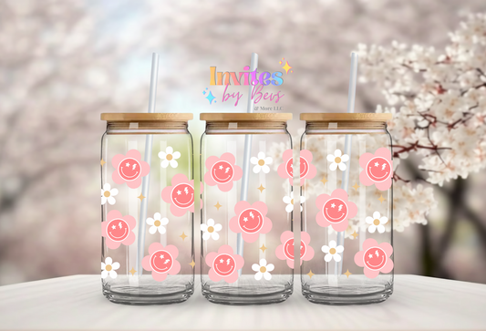 HAPPY SMILEY FLOWERS UV DTF CUP WRAP