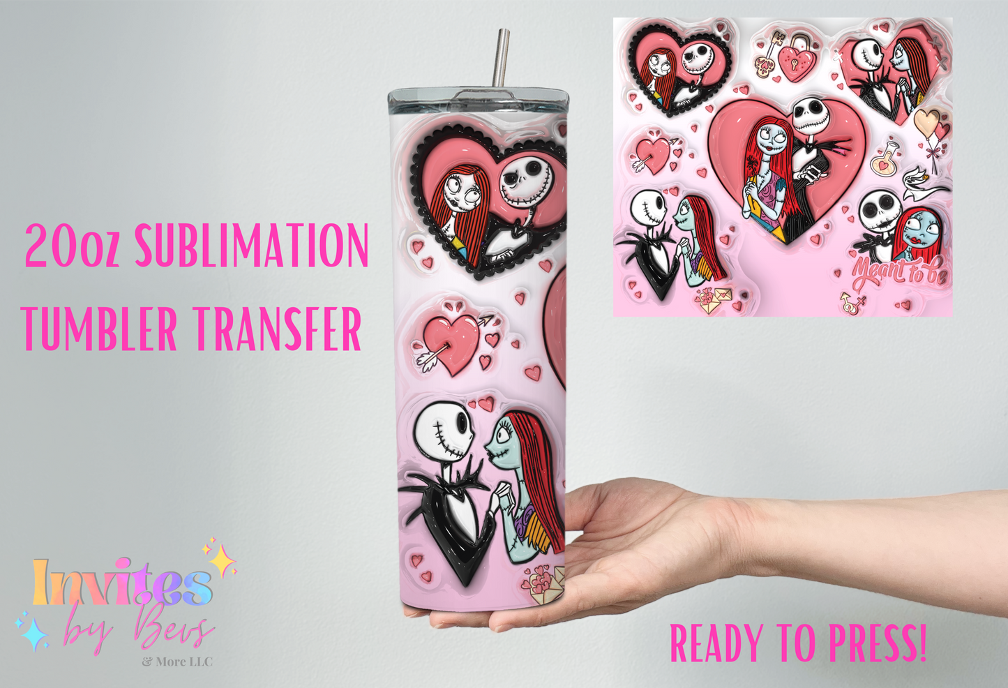 3D HEART JACK & SALLY 20oz SUBLIMATION TUMBLER TRANSFER