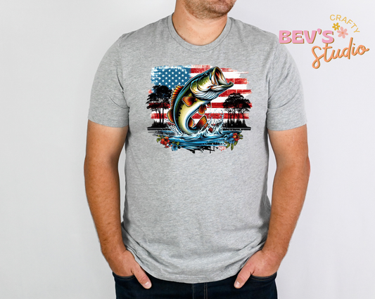 Large Mouth Bass w/ American flag DTF Transfer
