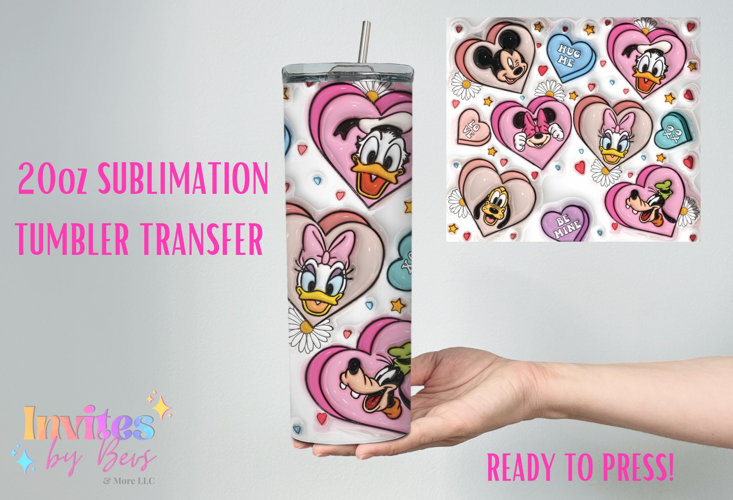 3D MOUSE & FRIENDS HEARTS 20oz SUBLIMATION TUMBLER TRANSFER