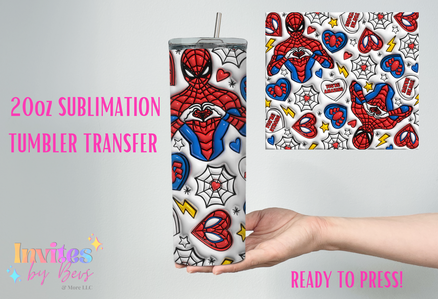 3D SPIDERBOY HEARTS 20oz SUBLIMATION TUMBLER TRANSFER