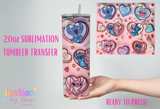 BLUE ALIEN & ANGEL 3D HEARTS 20oz SUBLIMATION TUMBLER TRANSFER