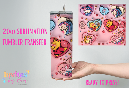 3D POOH BEAR HEARTS 20oz SUBLIMATION TUMBLER TRANSFER